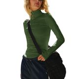 Camisa De Gola Alta Tiko Miko Feminina De Manga Comprida, Blusa Curta, Verde