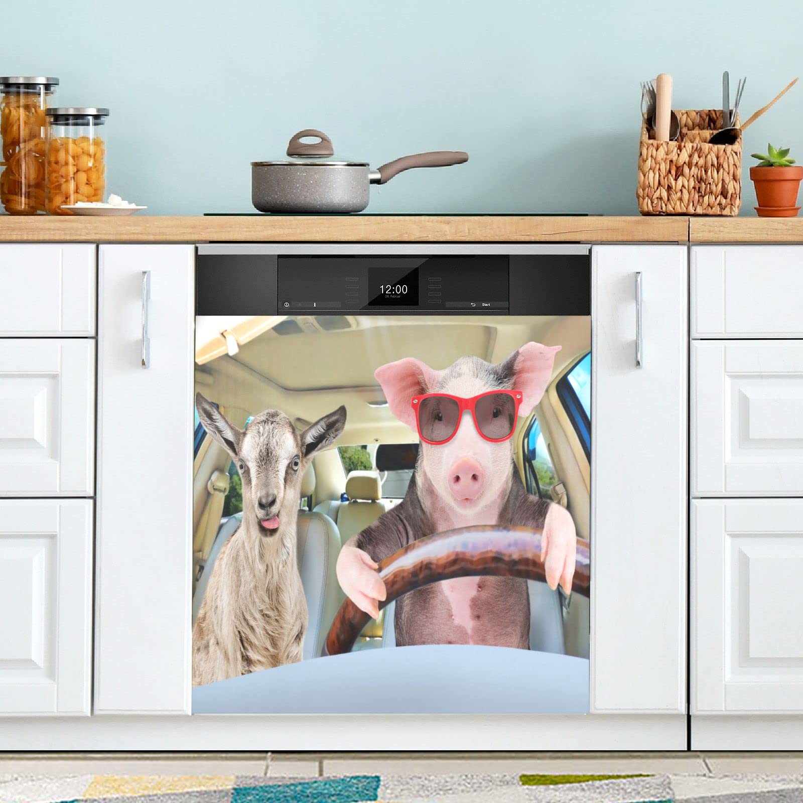 Tampa Magnética Para Lava-louças Qugrl Pig Driving Goat 58,42x66,04cm