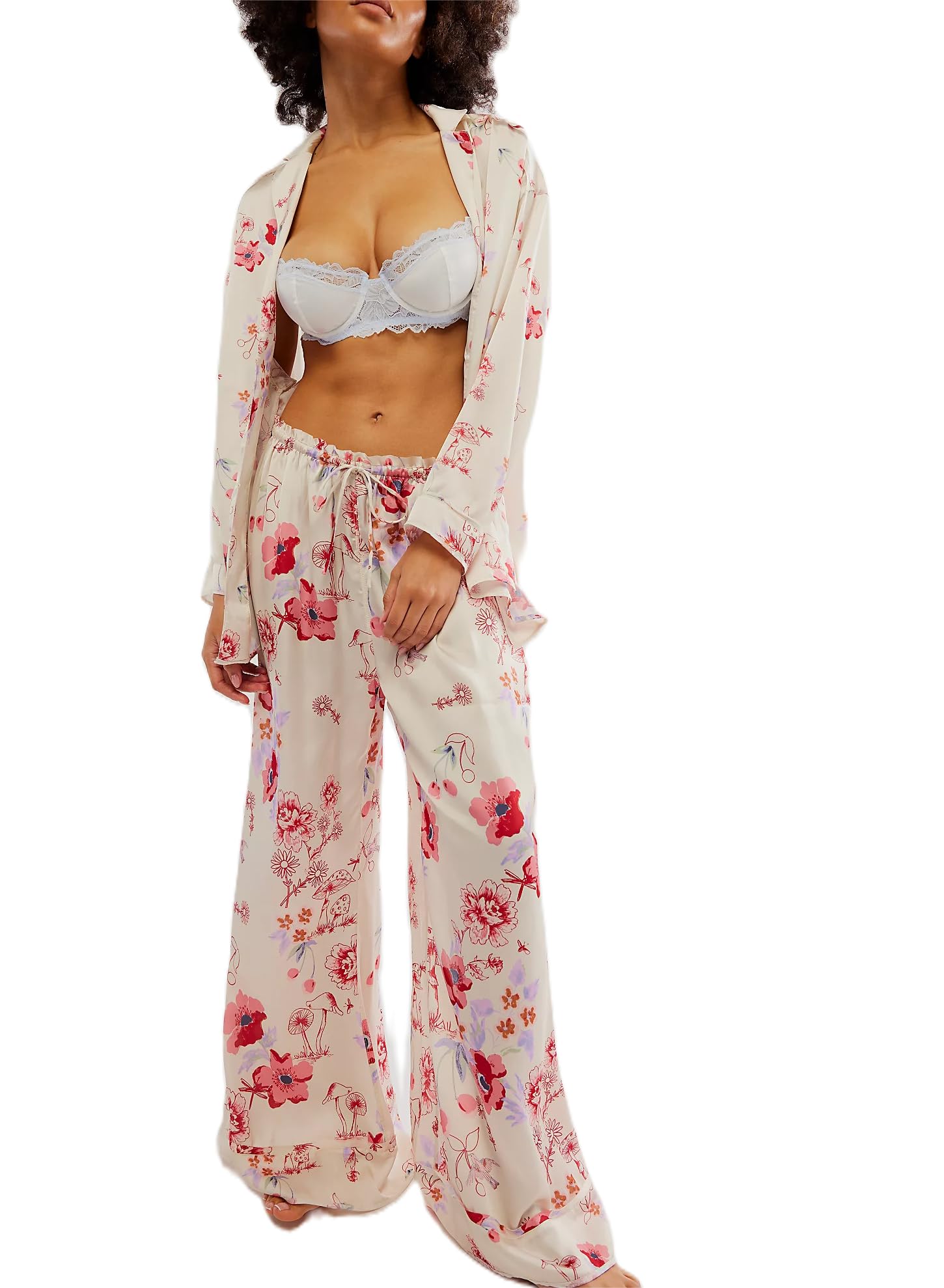 Conjunto De Pijama Feminino Sookabeila Com Estampa Floral De Seda Y2k (branco, M)