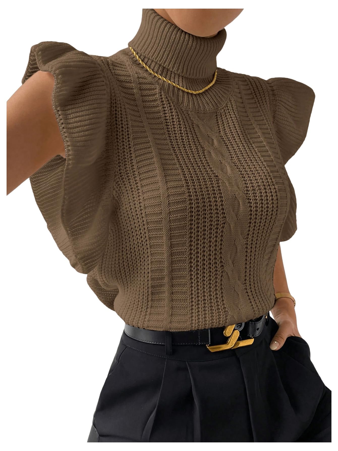 Colete De Suéter Floerns Ruffle Trim, Tricotado, Gola Alta, Marrom