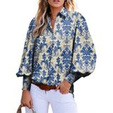 Camisa Feminina Elegante, Manga Lanterna, Decote Em V, Estampa Paisley