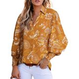 Camisa Feminina Elegante, Manga Lanterna Romântica, Decote Em V, Damasco