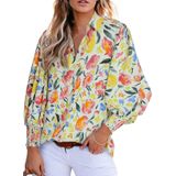 Camisa Feminina Elegante, Manga Lanterna Romântica, Decote Em V, Amarela