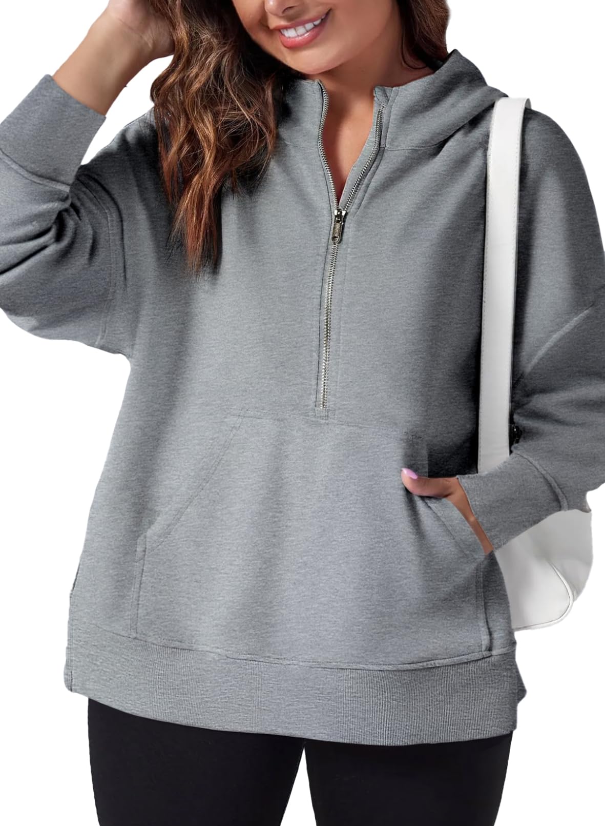 Moletom Feminino Eytino Plus Size Com Capuz Com Meio Zíper, 1x Cinza