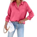 Camisa Feminina Pausus Vermelha De Cetim Com Botões, Manga Comprida E Decote Em V