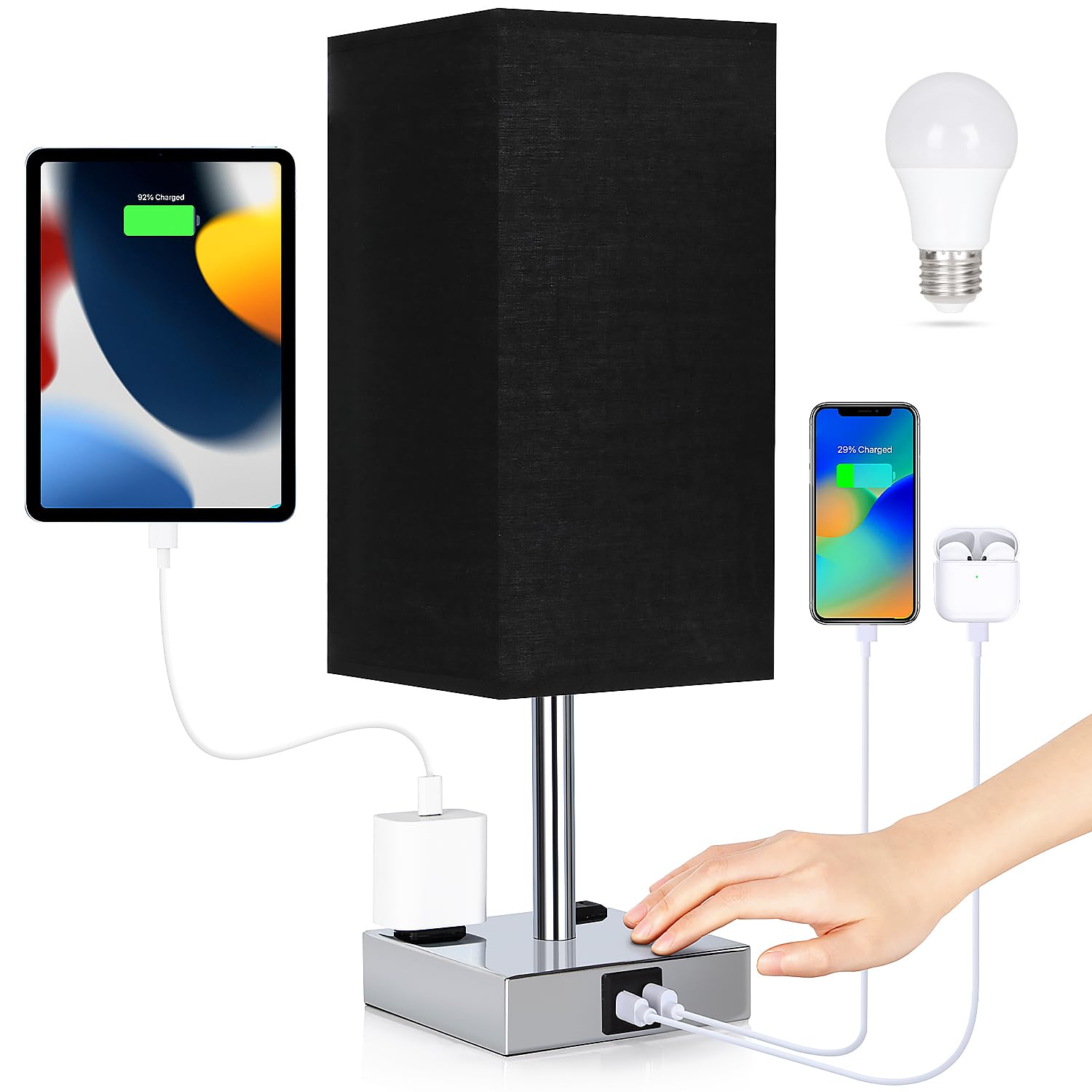 Lâmpada De Cabeceira Soilsiu Com Portas De Carregamento Usb C+a E Tomadas Ac