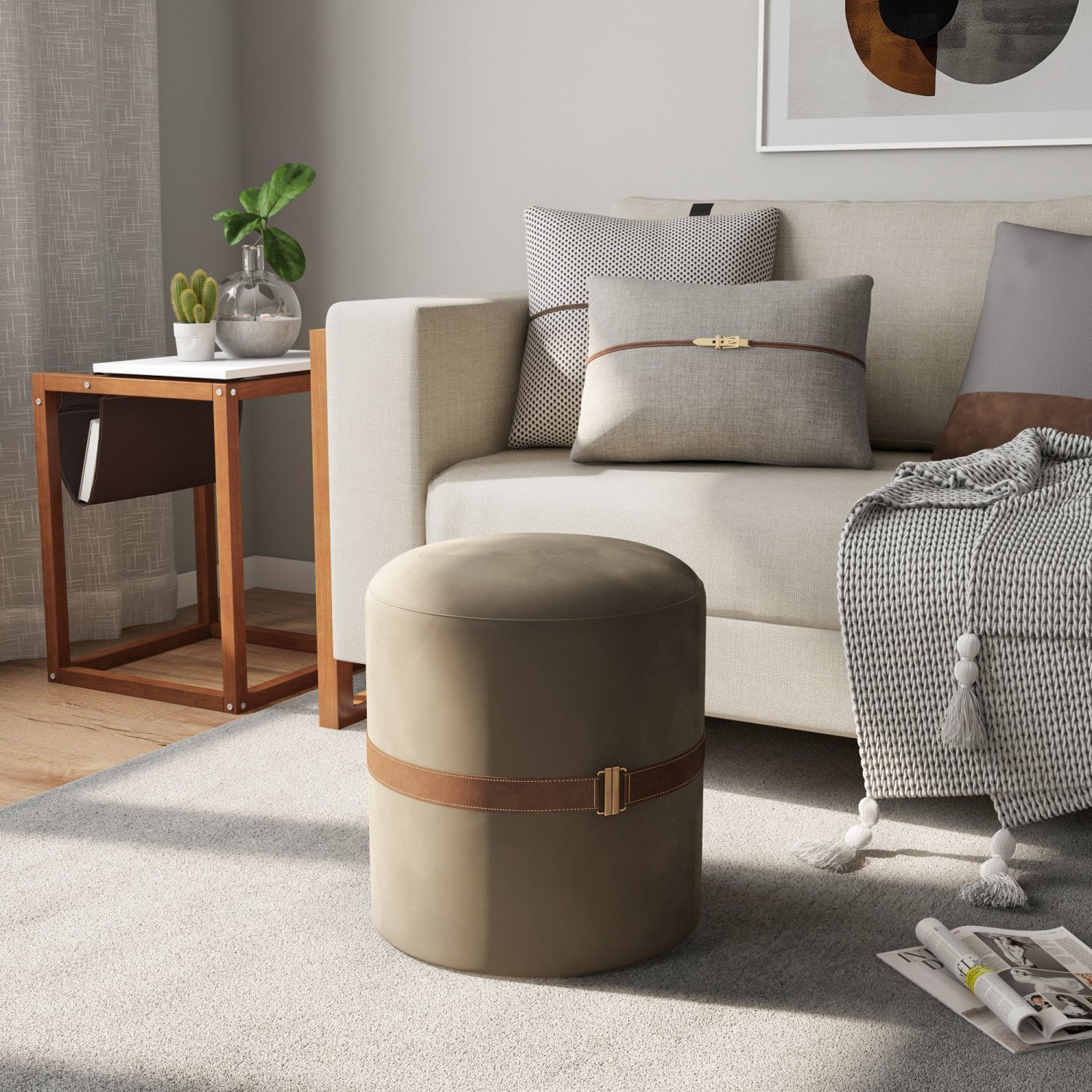 Puff Para Sala De Estar Em Veludo Aston Bege