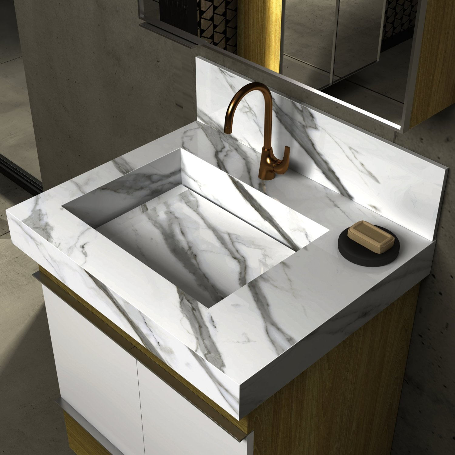 Lavatório Em Porcelanato 60cm Com Cuba Esculpida Blu