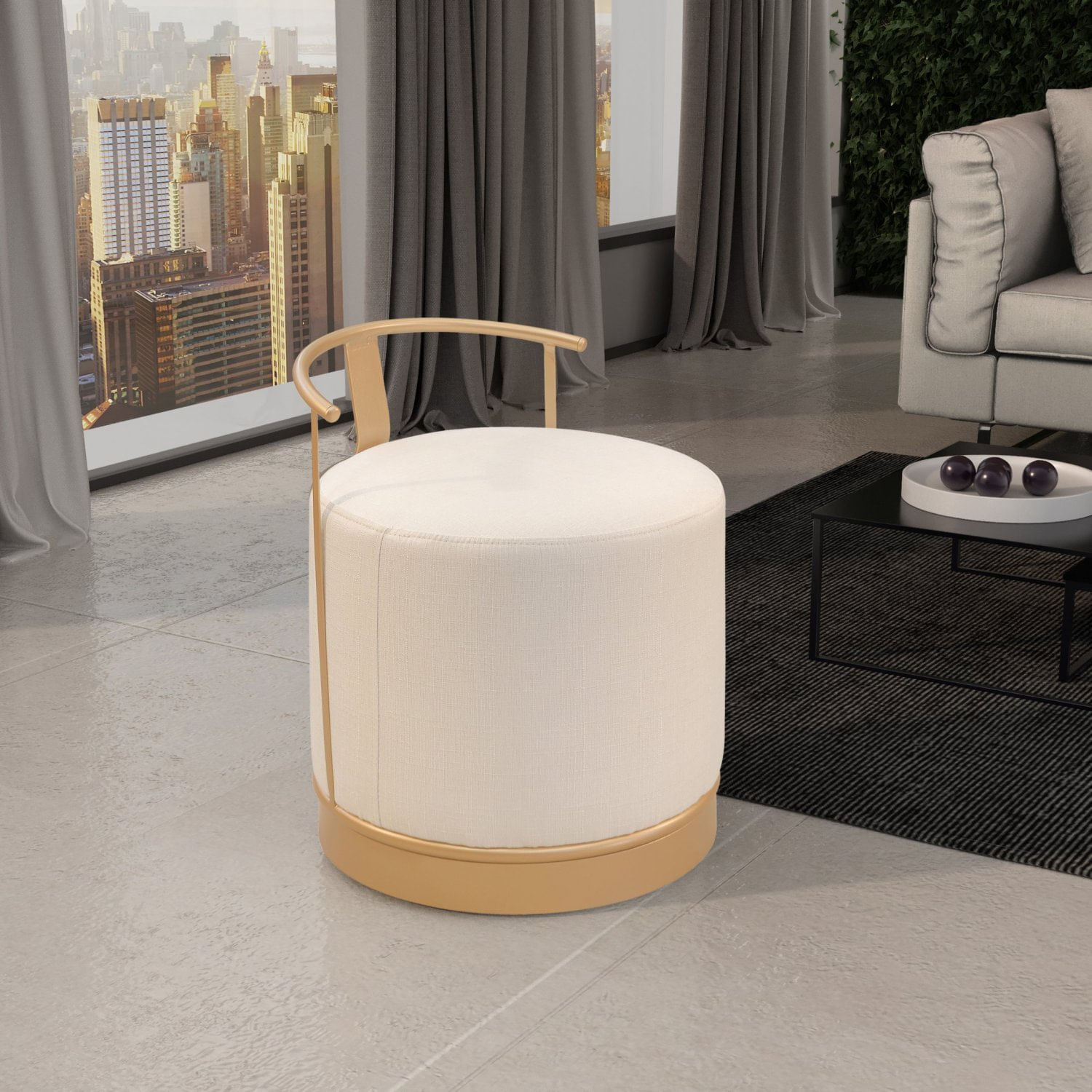 Puff Redondo Em Linho 50cm Com Base Áquila Bege Claro/dourado