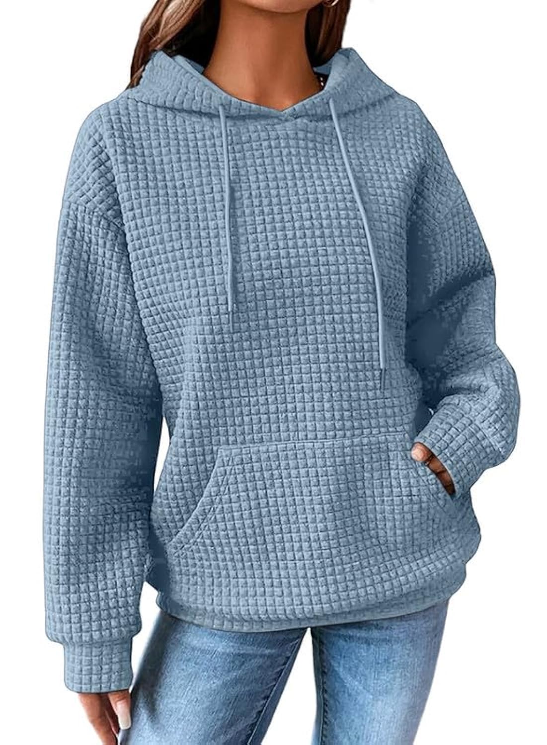 Moletom Com Capuz Shewin Waffle Drawstring Feminino Azul Celeste