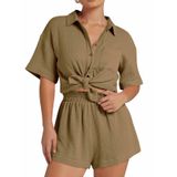 Conjunto De Linho Feminino Flygo, Pijama De 2 Peças, Cáqui Escuro, Tamanho L 2024
