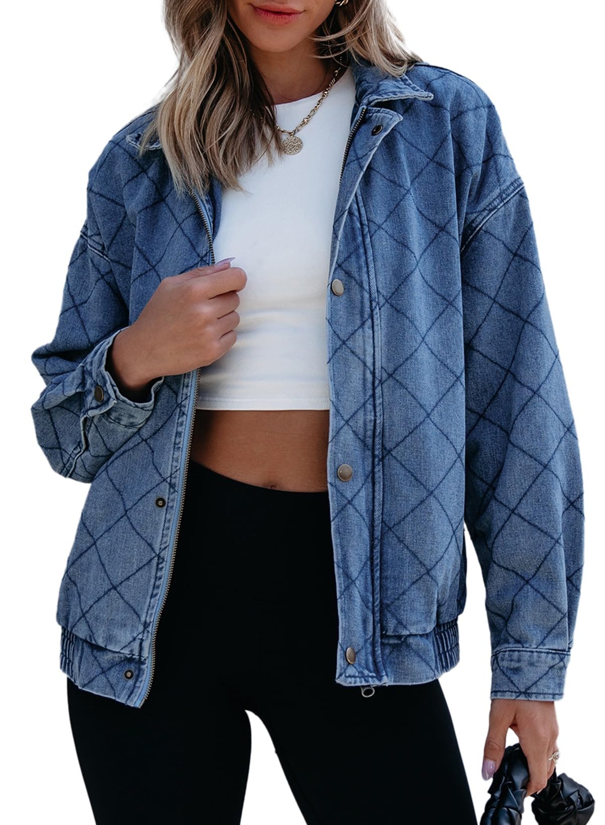 Jaqueta Jeans Feminina Sidefeel, Manga Comprida, Tamanho Grande, Azul Claro