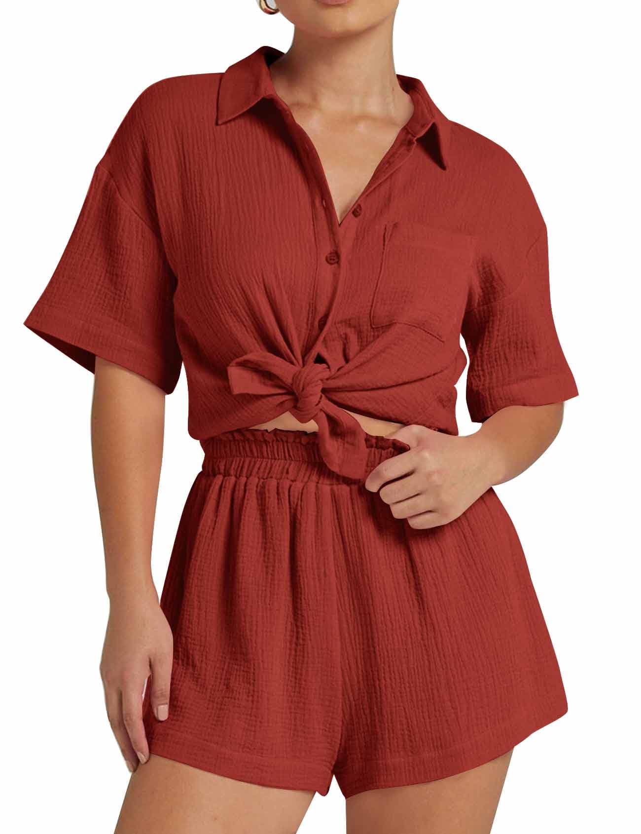 Conjunto De Linho Flygo Women Casual, 2 Peças, Rust Pajama Beach 2024 Xs