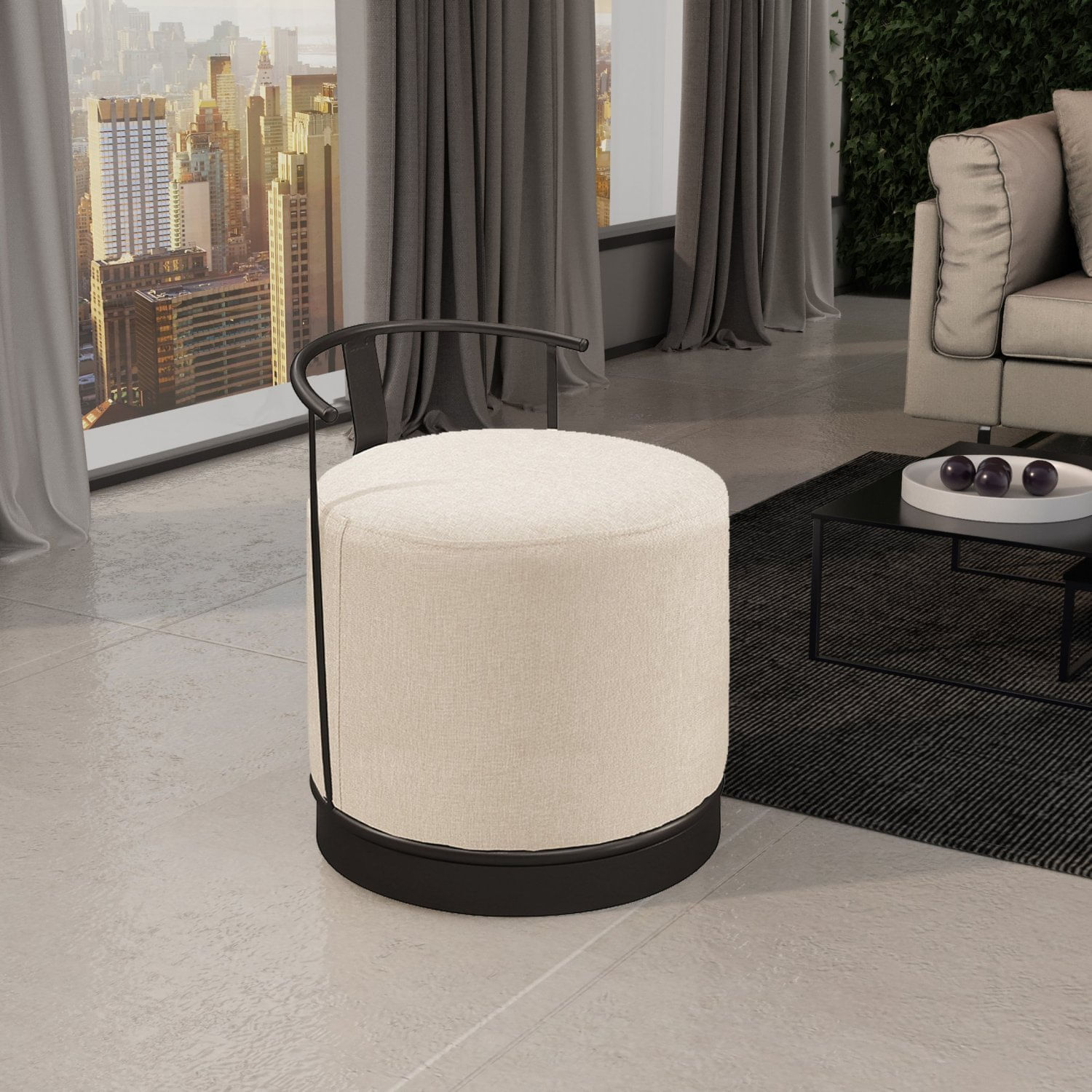 Puff Redondo Em Linho 50cm Com Base Áquila Bege Claro