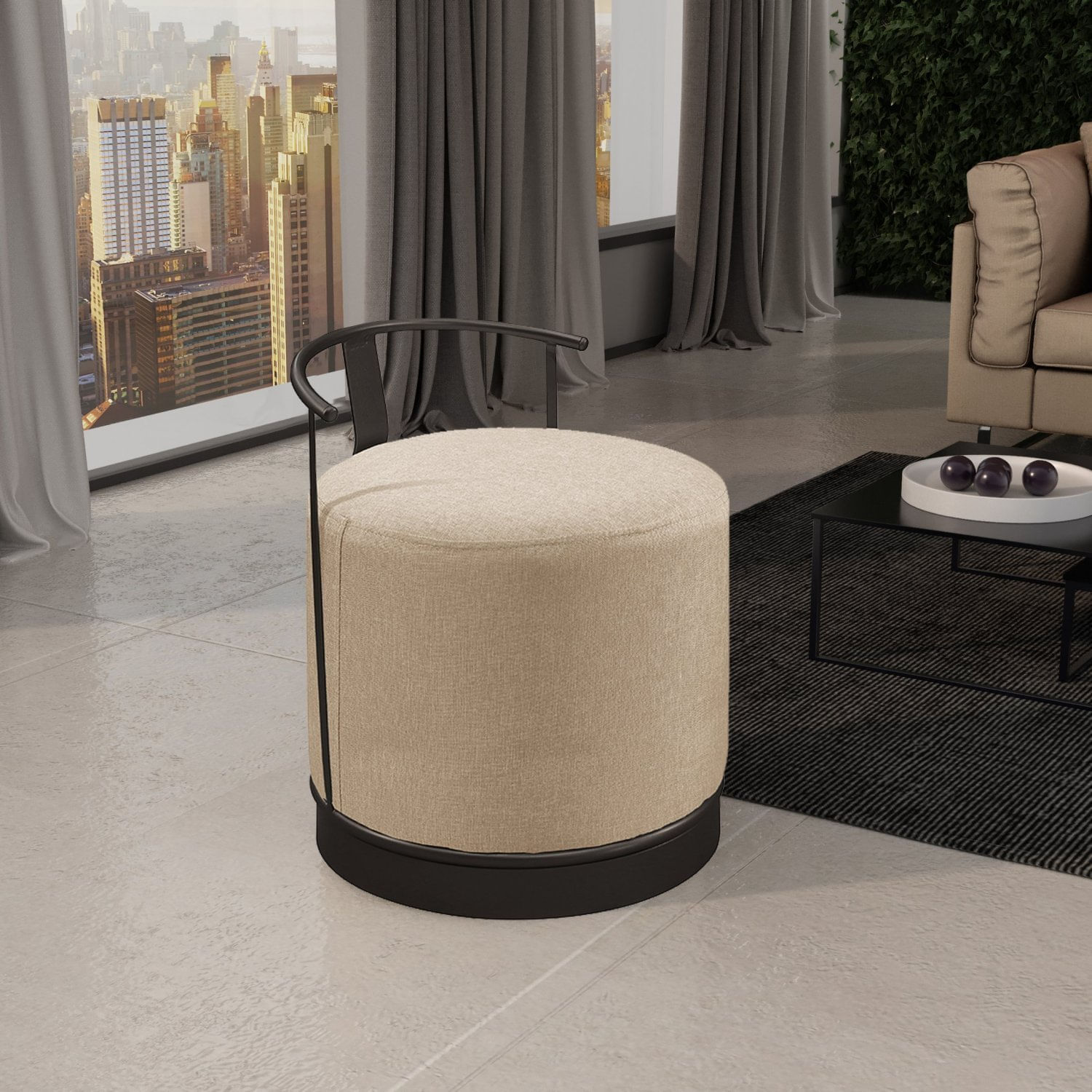 Puff Redondo Em Linho 50cm Com Base Áquila Bege