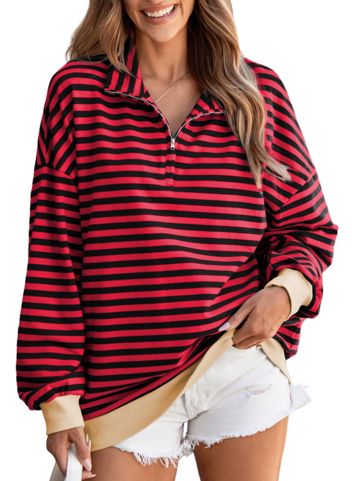 Moletom Evaless Oversized Para Mulheres Listrado De Algodão Vermelho