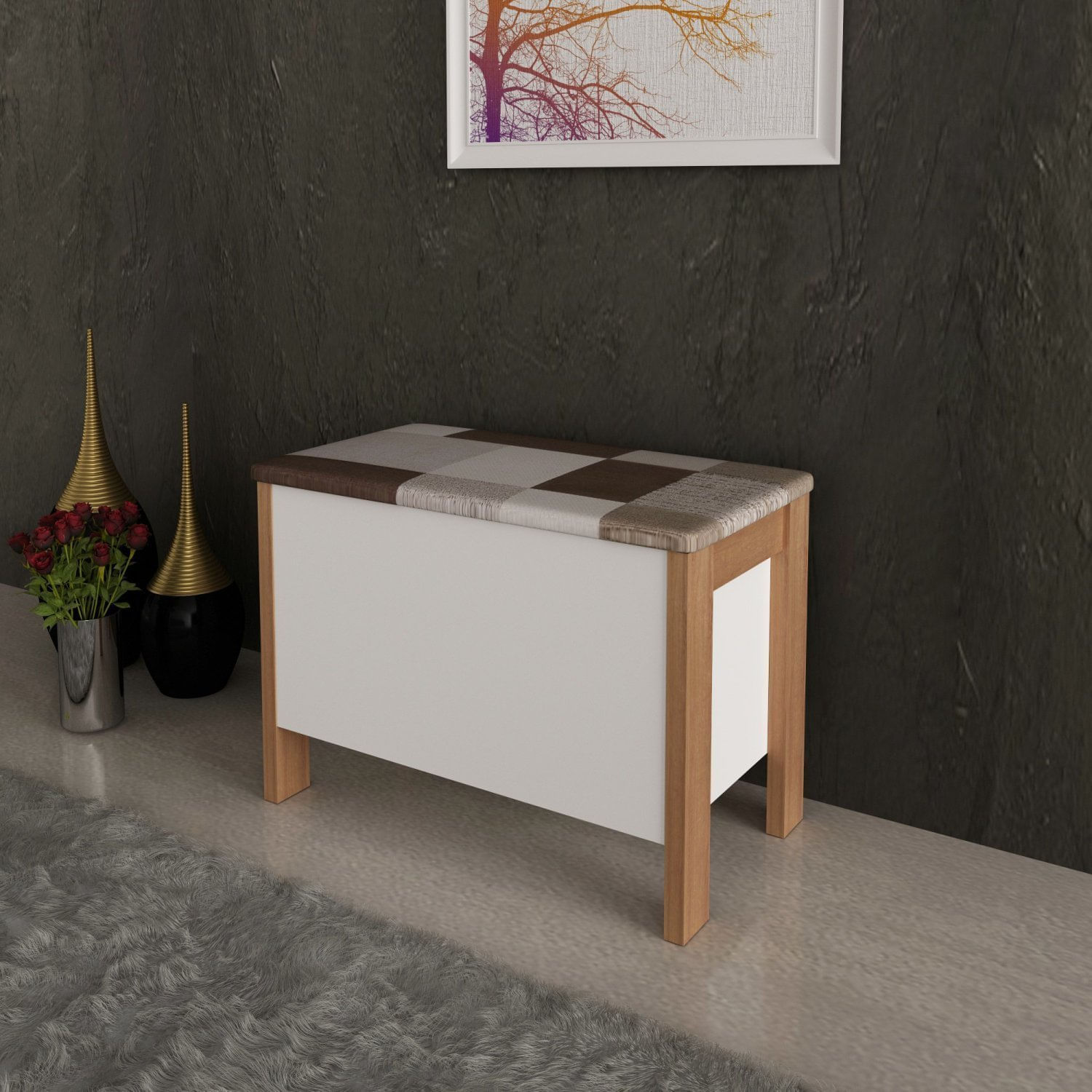 Puff Baú Az1013 Tecno Mobili Amêndoa/branco