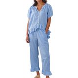 Conjunto De Pijama Codcm Feminino De Guingão, Manga Curta, Azul Claro