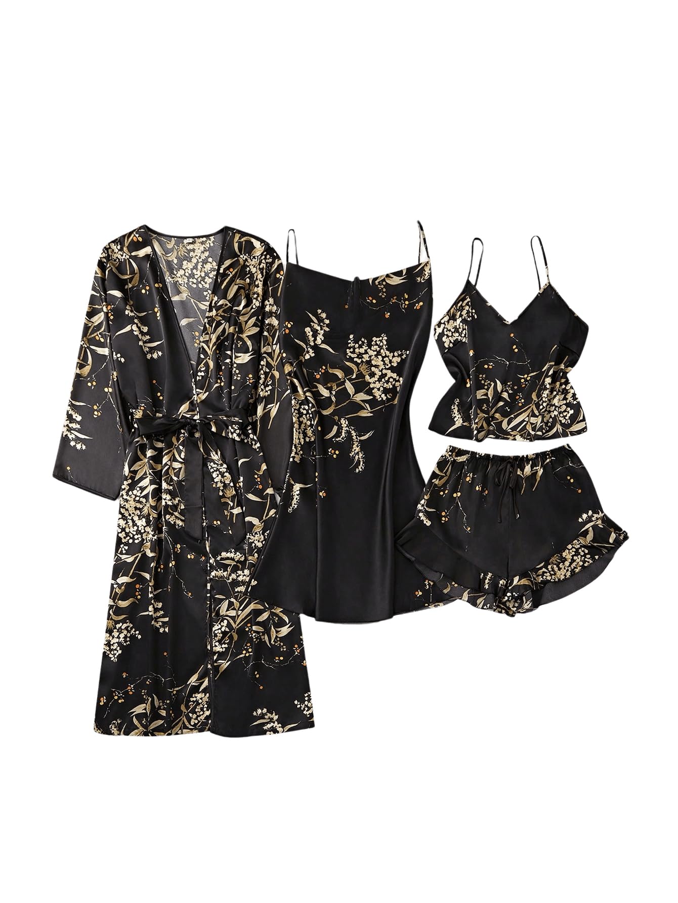 Conjunto De Pijama Feminino Gorglitter Com Estampa Floral, Cetim, 5 Peças