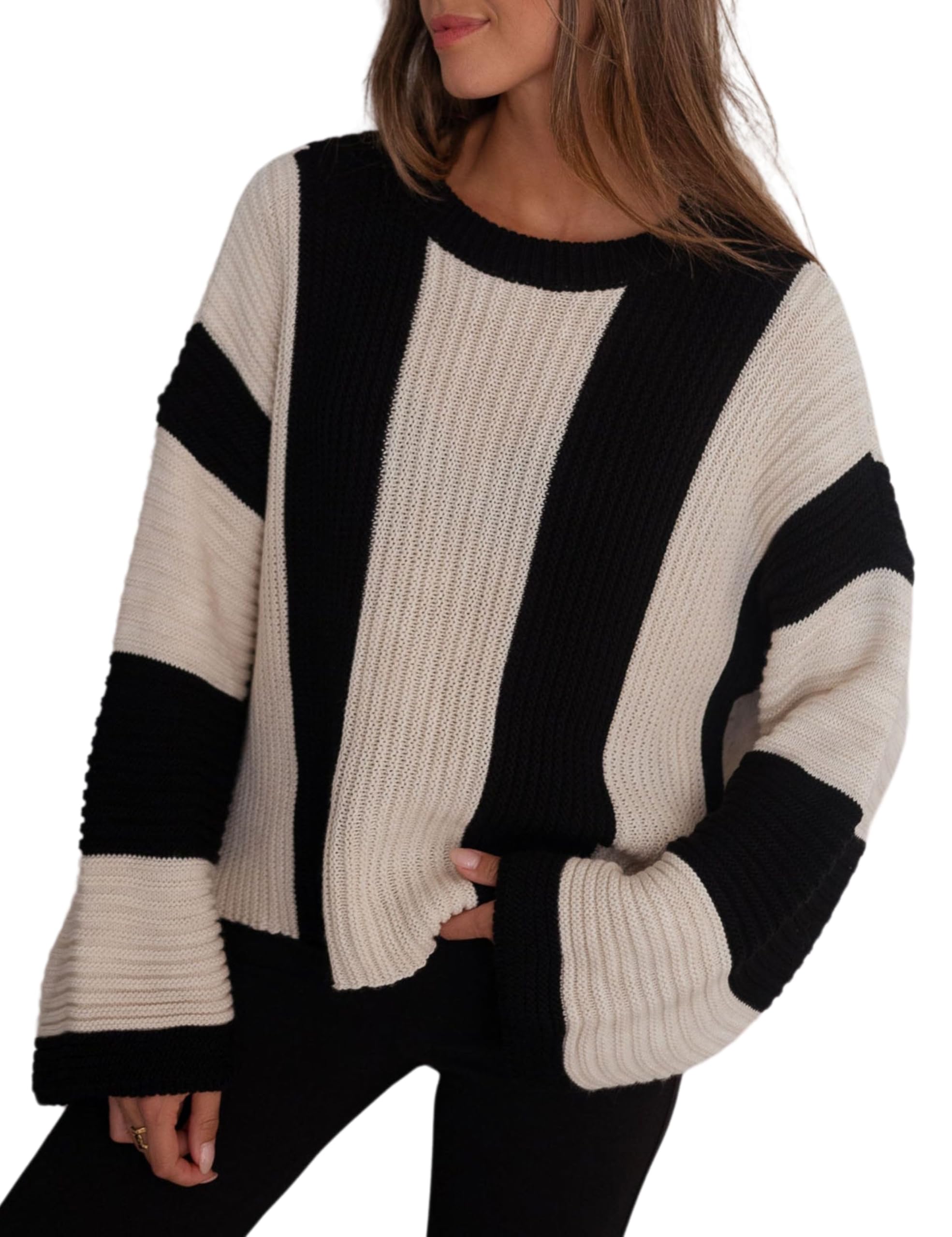 Suéter Internos, Listrado, Manga De Sino, Malha Solta Para Mulheres