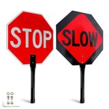 Sinal De Trânsito Faittoo Stop Slow 18x18 Em Alumínio Com Alça De Metal