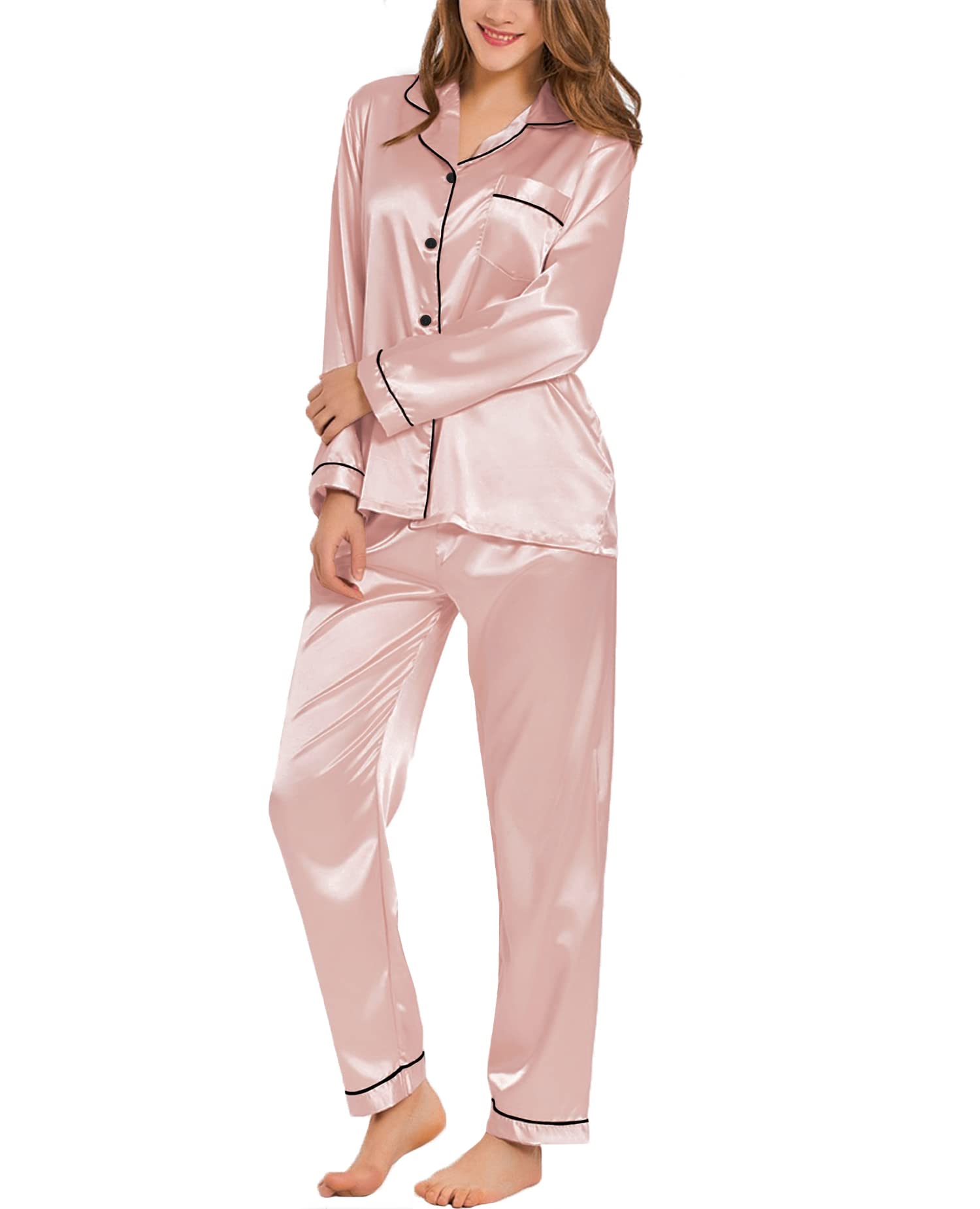 Conjunto De Pijamas Feminino Swomog, Seda, Cetim, Com Botões, Rosa Blush