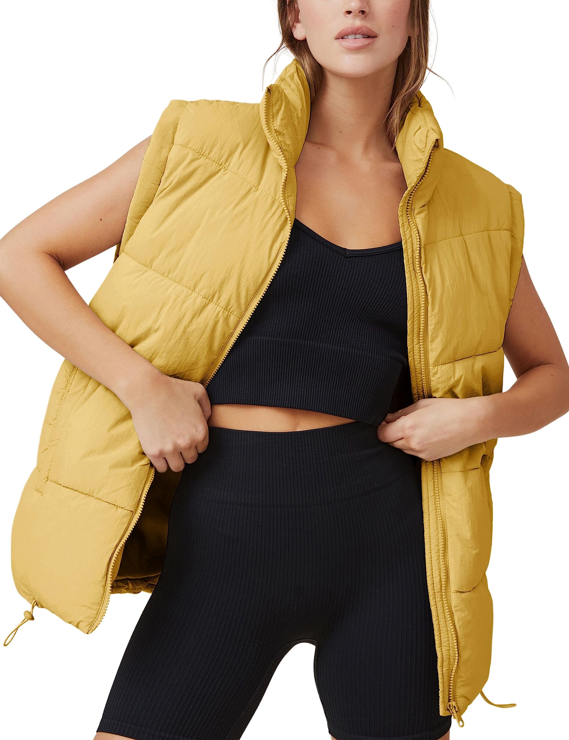 Jaqueta Acolchoada Feminina Puffer Vest Athlisan, Gola Alta, Amarela