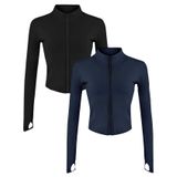Jaqueta De Ioga Gihuo Feminina Cortada Com Zíper Completo, Leve, Preta E Azul Marinho