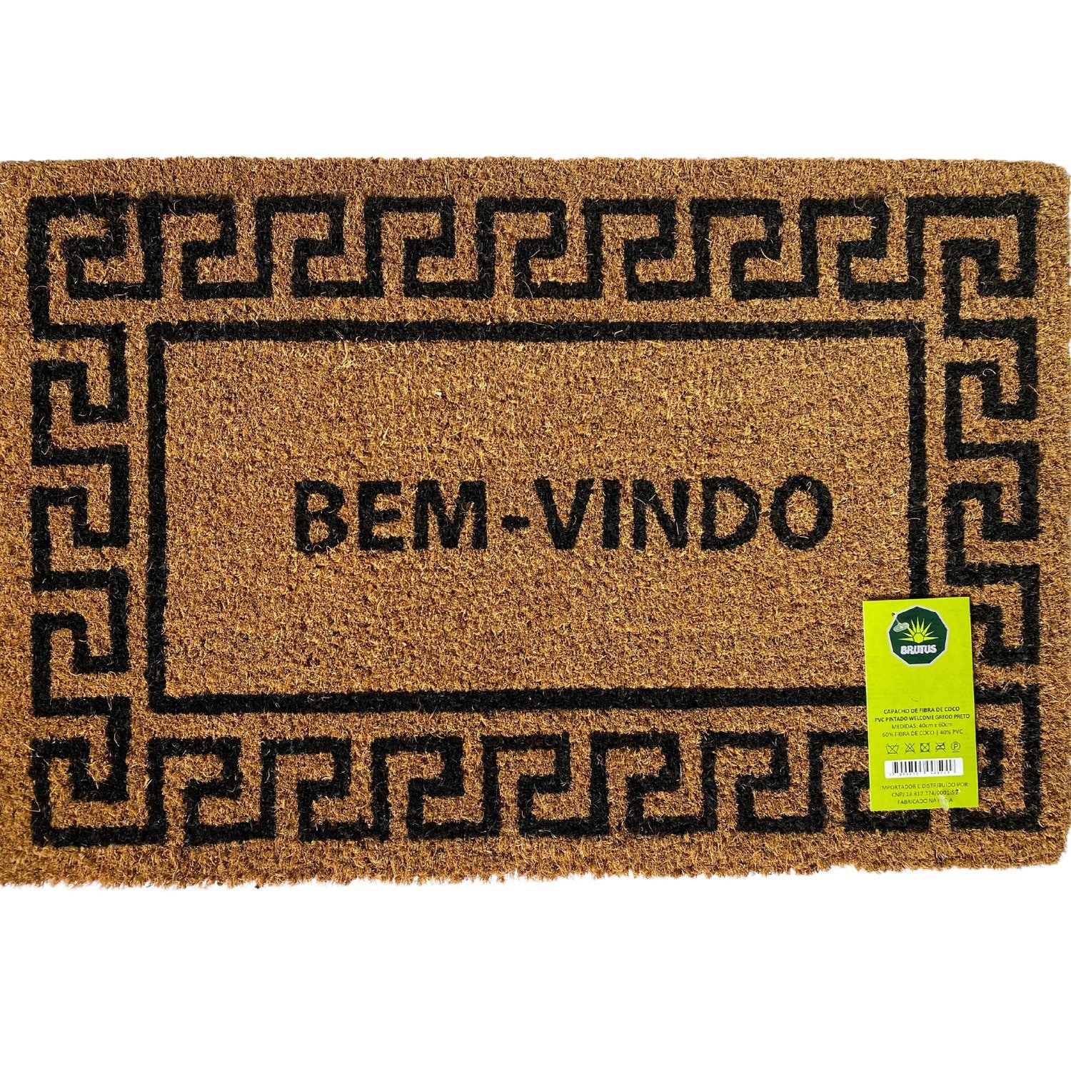 Capachoacho De Fibra Coco Pvc Pintado Welcome Grego Preto 40cm X 60cm Bege E Preto