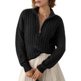 Suéter Dokotoo Preto Com Nervuras, Decote Em V, Zíper, Feminino, Outono E Inverno