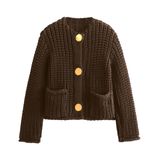 Cardigã Feminino Hvewarm De Malha Grossa De Outono Com Botão Dourado De Café