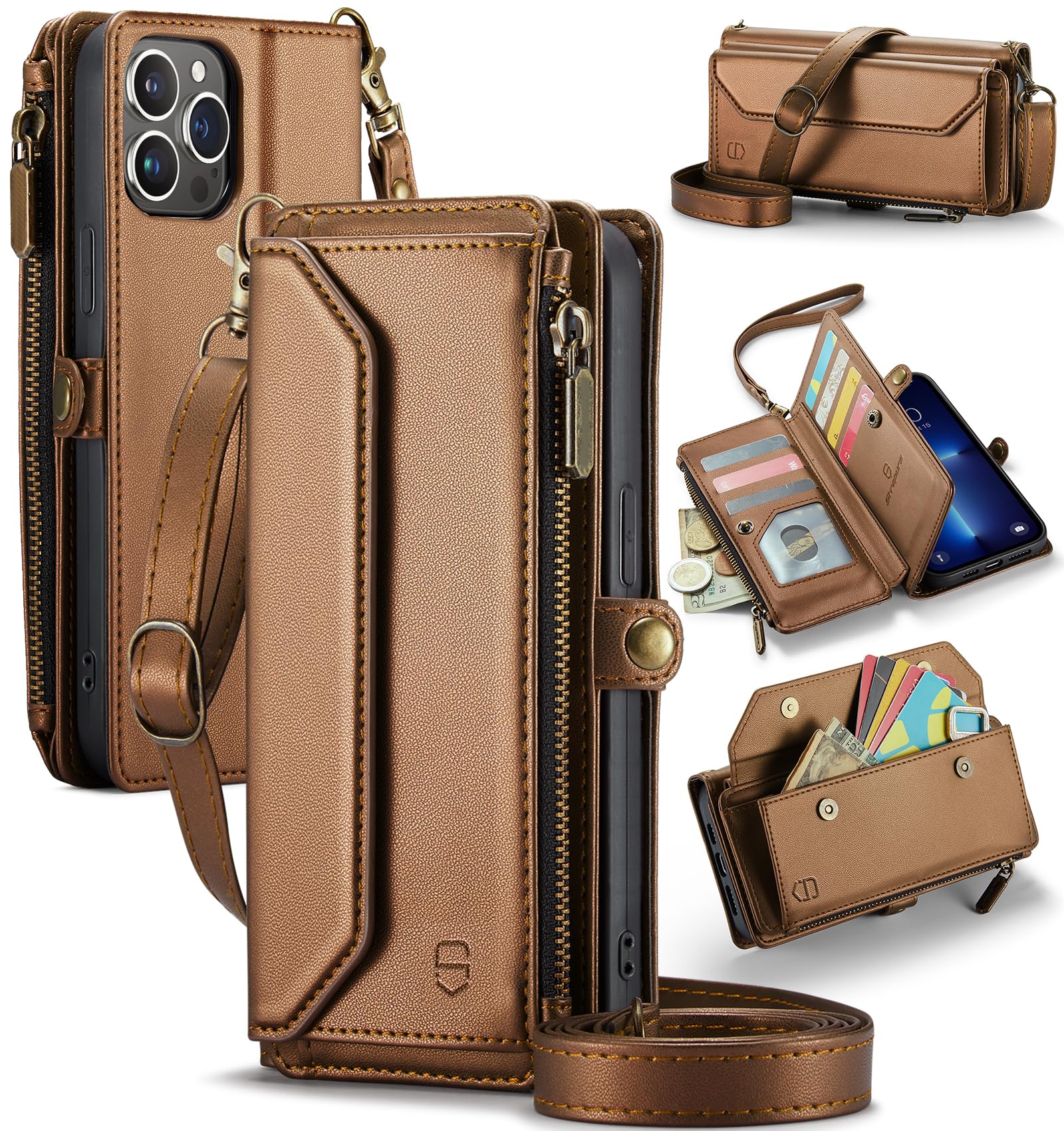 Capa Tipo Carteira Crossbody Strapurs Iphone 13 Pro Max Brown
