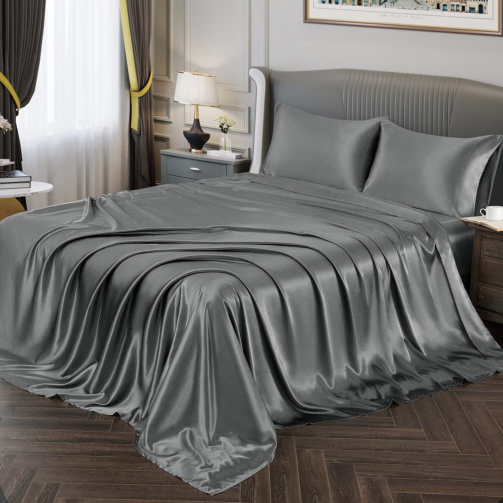 Conjunto De Lençóis De Cetim Vonty King Size Silky Soft Satin Grey