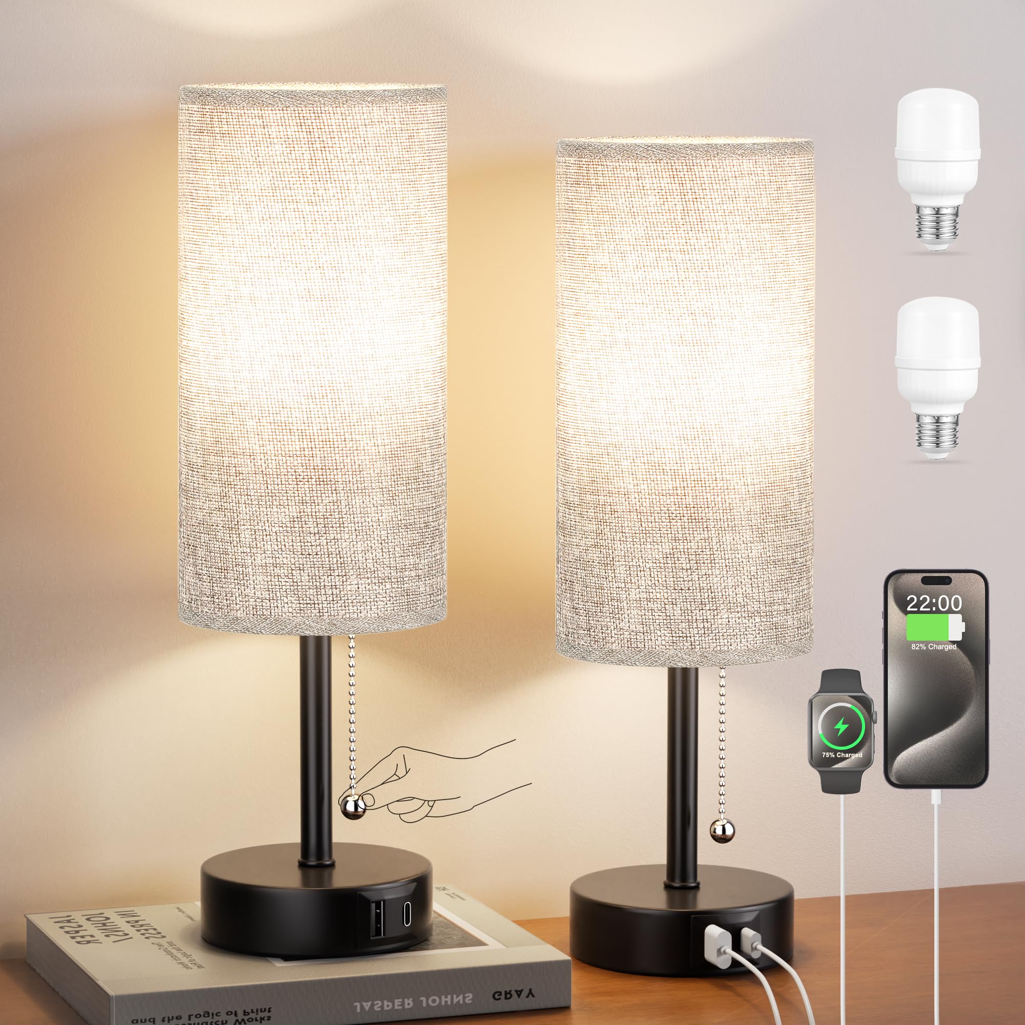 Conjunto De 2 Luminárias De Cabeceira Partageiz Grey Com Porta De Carregamento Usb