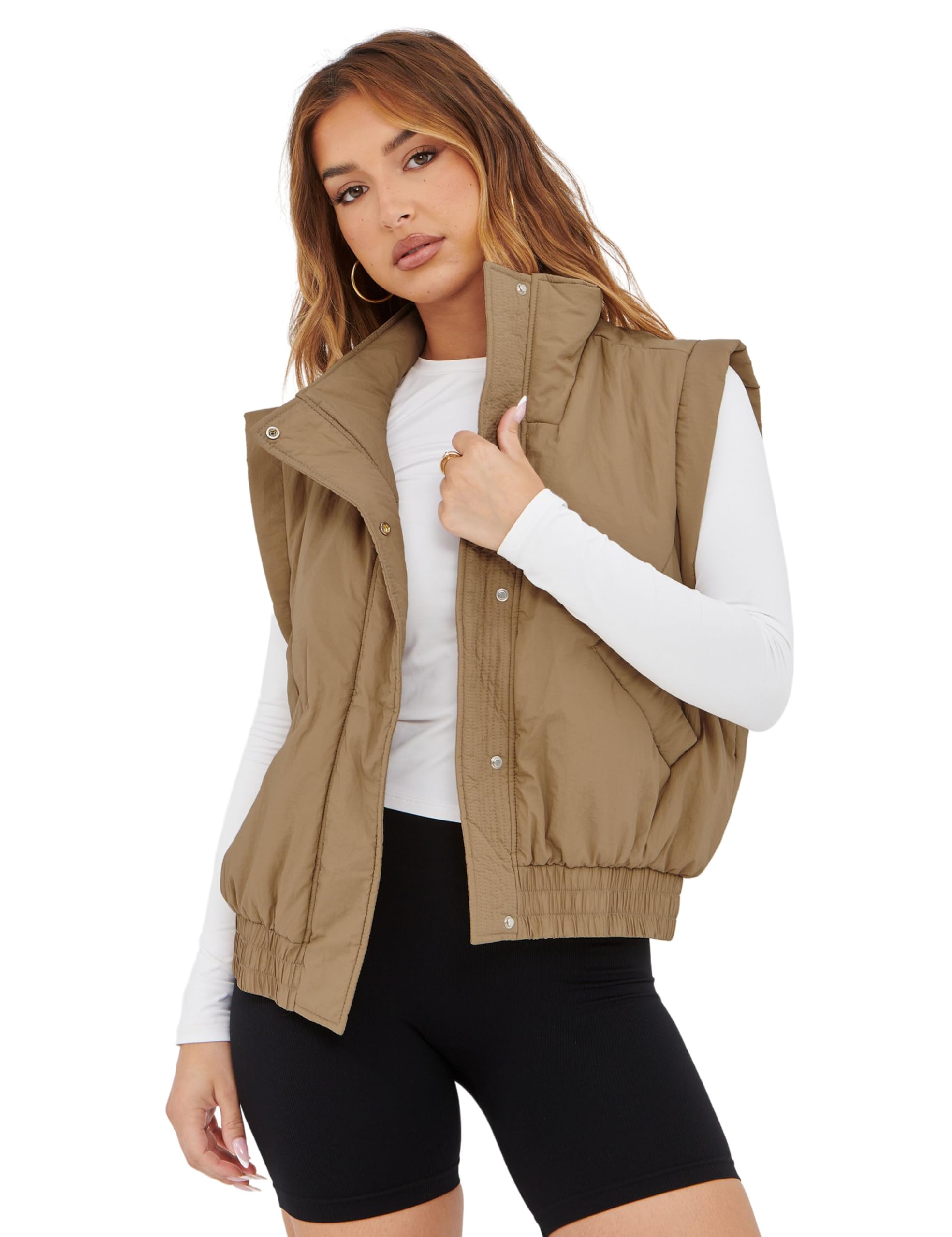 Colete Acolchoado Feminino Athlisan, Gola Alta, Cáqui