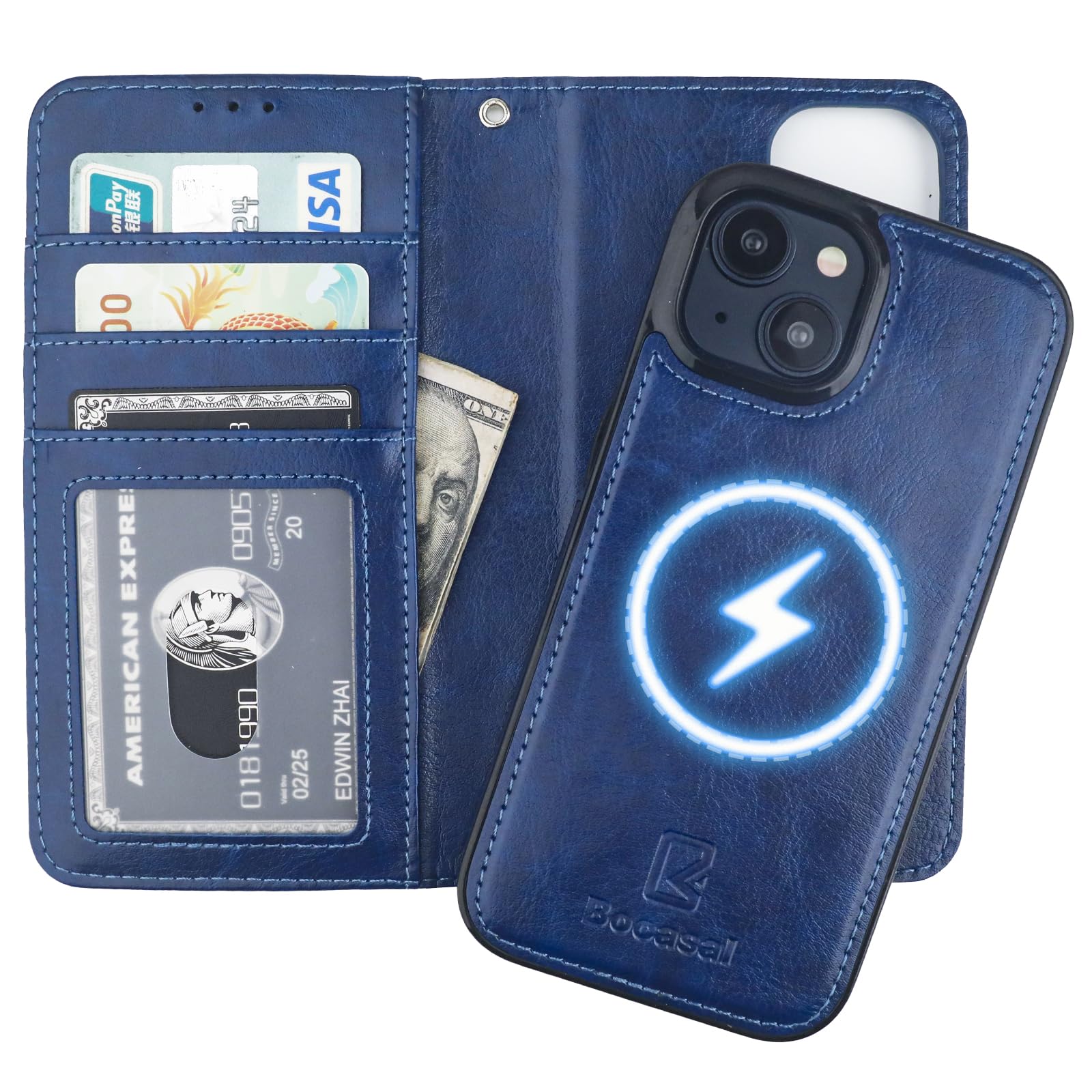 Capa Tipo Carteira Bocasal Para Iphone 15 De 6,1 Polegadas Com Couro Azul Magsafe