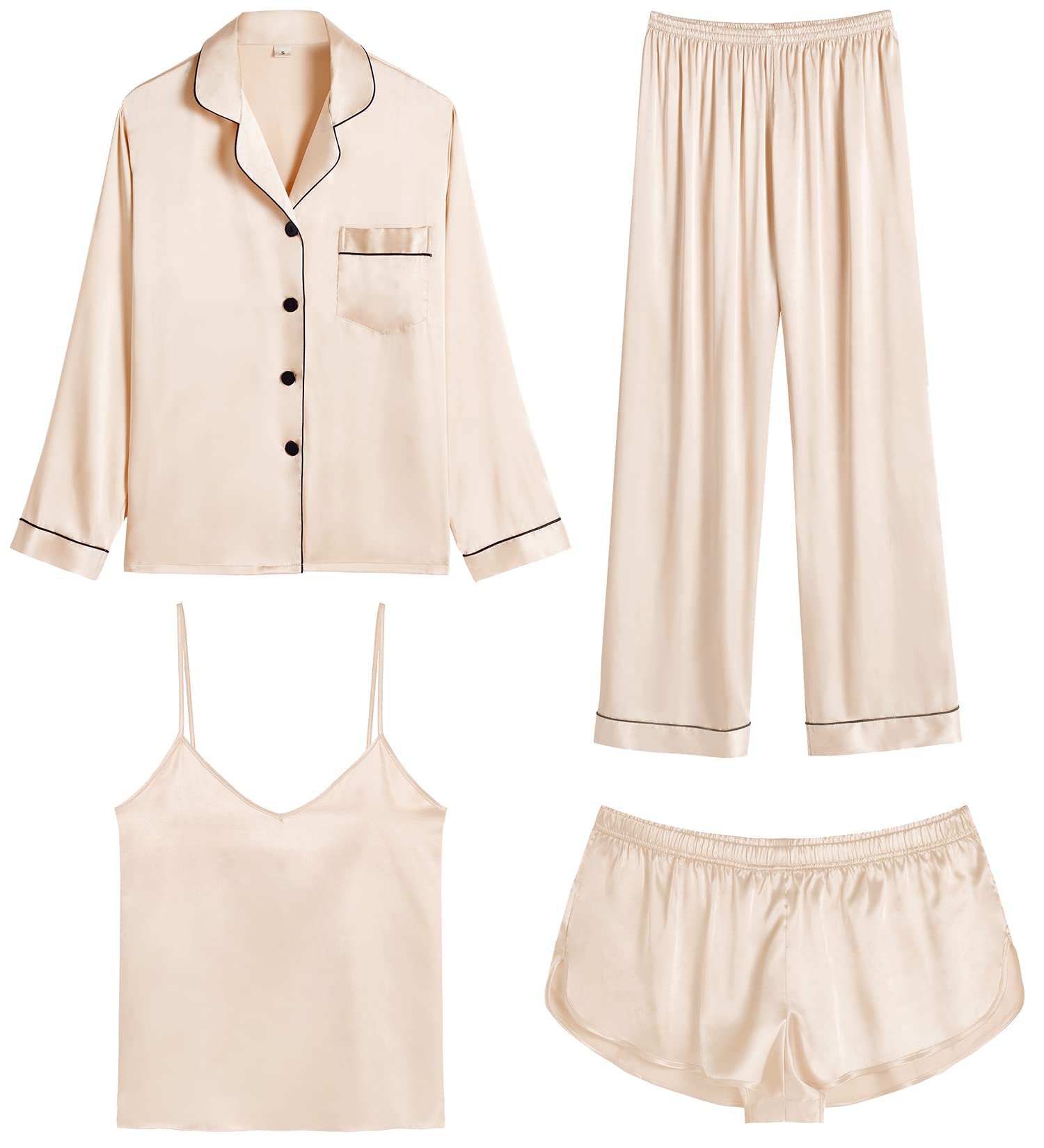 Conjunto De Pijama Feminino Swomog, Cetim, 4 Peças De Shorts De Camiseta Com Botões