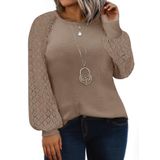 Camisa Feminina Eytino, Tamanho Grande, Gola Redonda, Renda, Manga Comprida, Marrom