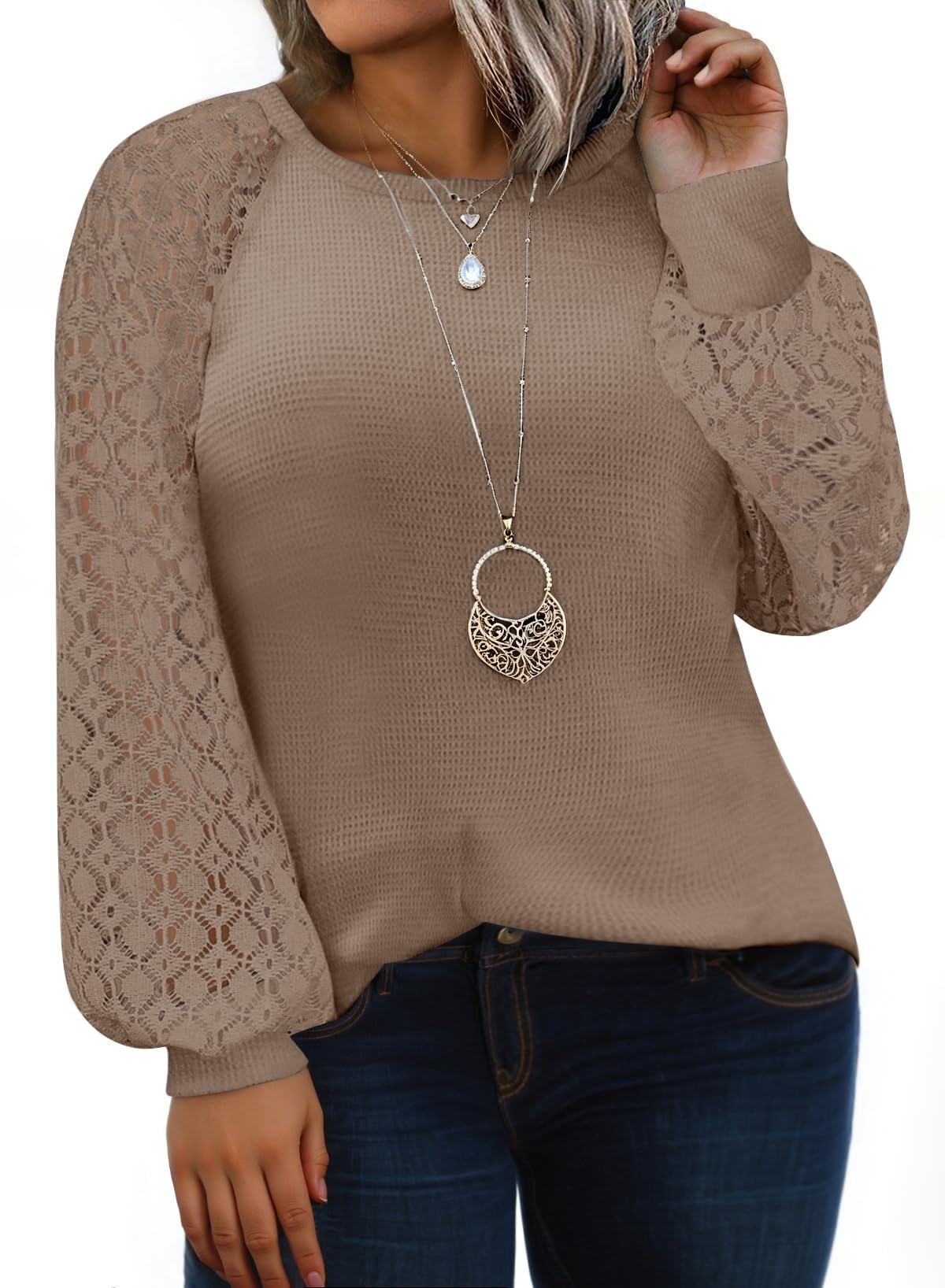 Camisa Feminina Eytino, Tamanho Grande, Gola Redonda, Renda, Manga Comprida, Marrom