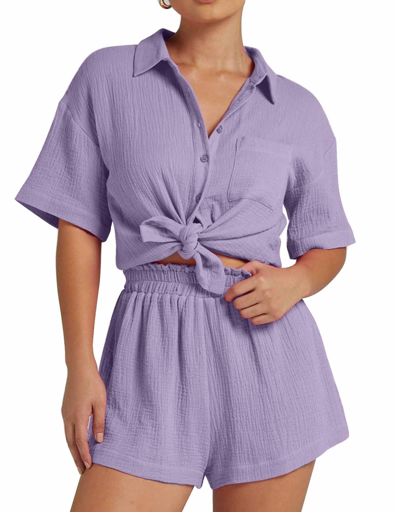 Conjunto De Pijama Feminino De Algodão E Linho Flygo, De 2 Peças, Roxo
