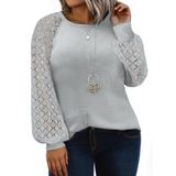Camisa Feminina Eytino, Tamanho Grande, Gola Redonda, Renda, Manga Comprida, Cinza