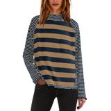 Camisa Feminina Panadila, Manga Comprida, Listrada, Gola Alta, Azul Marinho, S