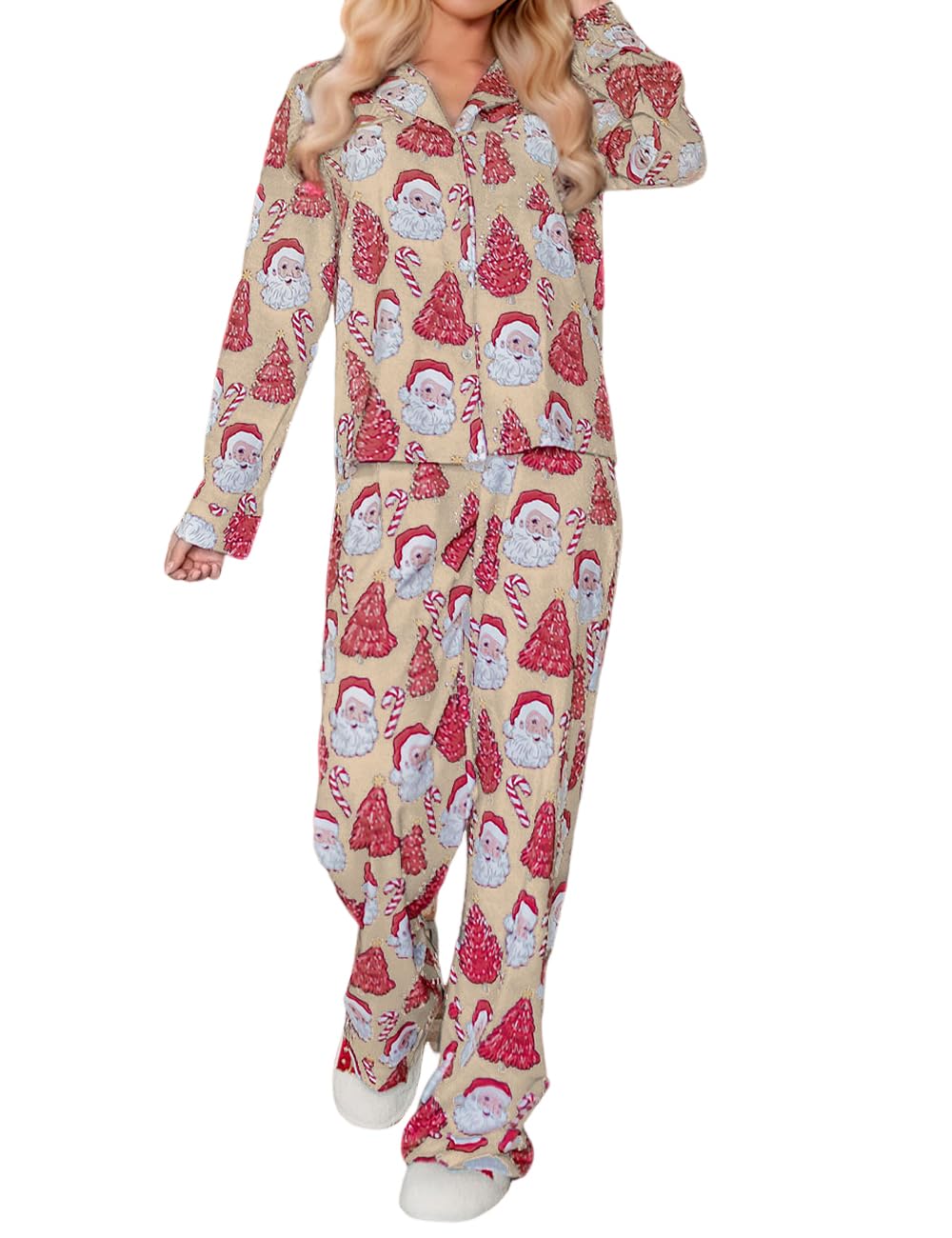 Conjunto De Pijama Ecosunny Christmas Santa Feminino De Manga Comprida Cáqui