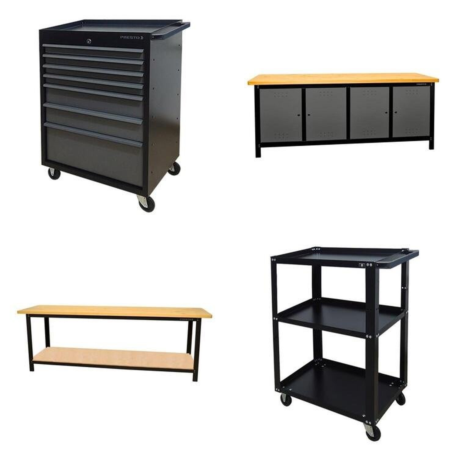 Conjunto 2 Carros Profissional 7 Gavetas 2 Bancadas Profissional 200cm Para Ferramentas Presto Preto