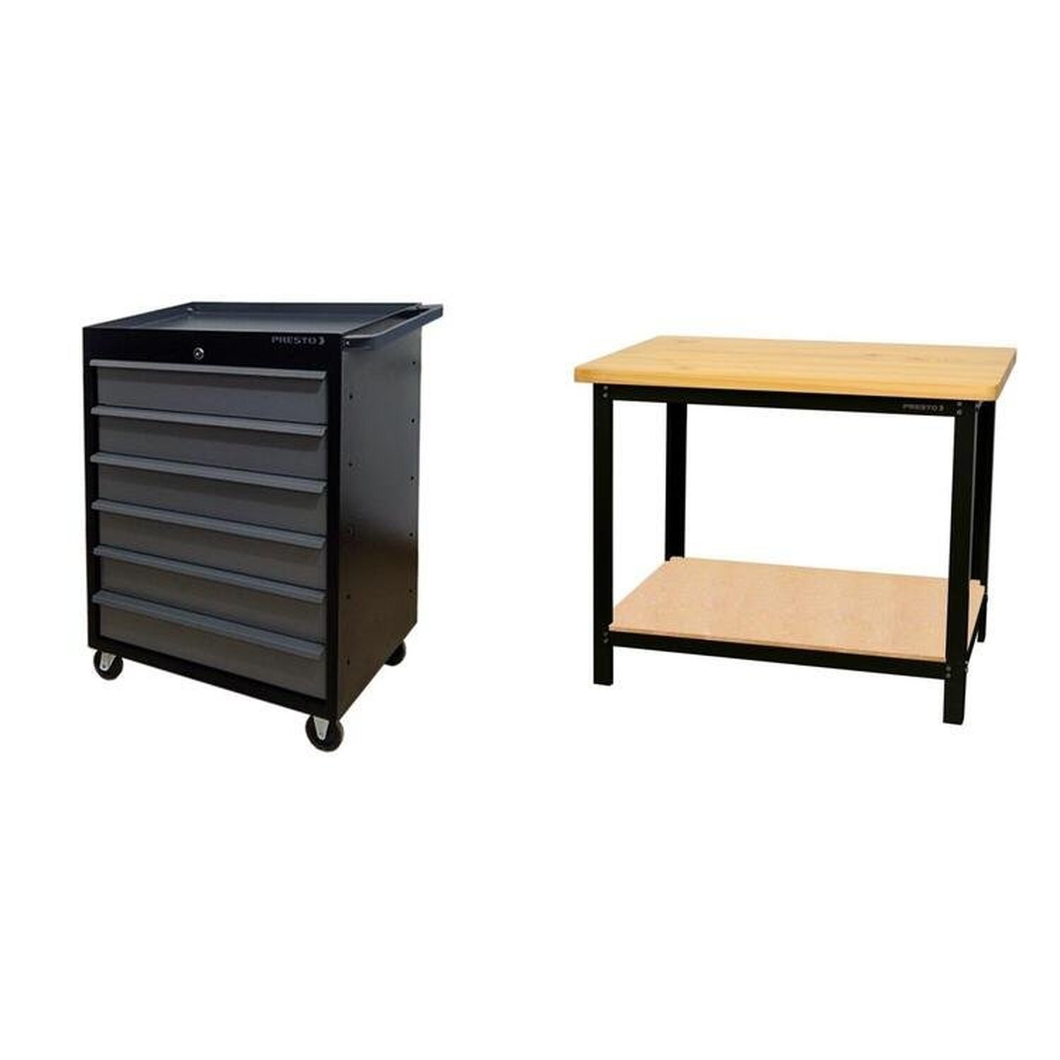 Conjunto 1 Carro Profissional 6 Gavetas 1 Bancada Profissional De 110cm Para Ferramentas Presto Preto