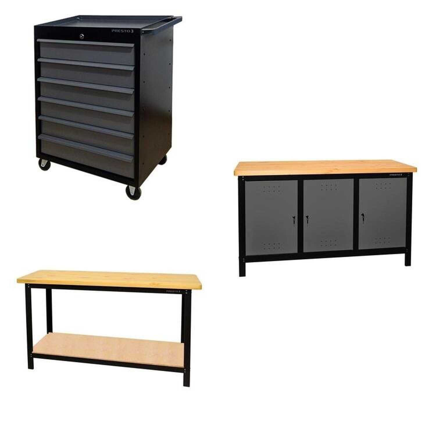 Conjunto 1 Carro Profissional 6 Gavetas 2 Bancadas 150cm Para Ferramentas Presto Preto