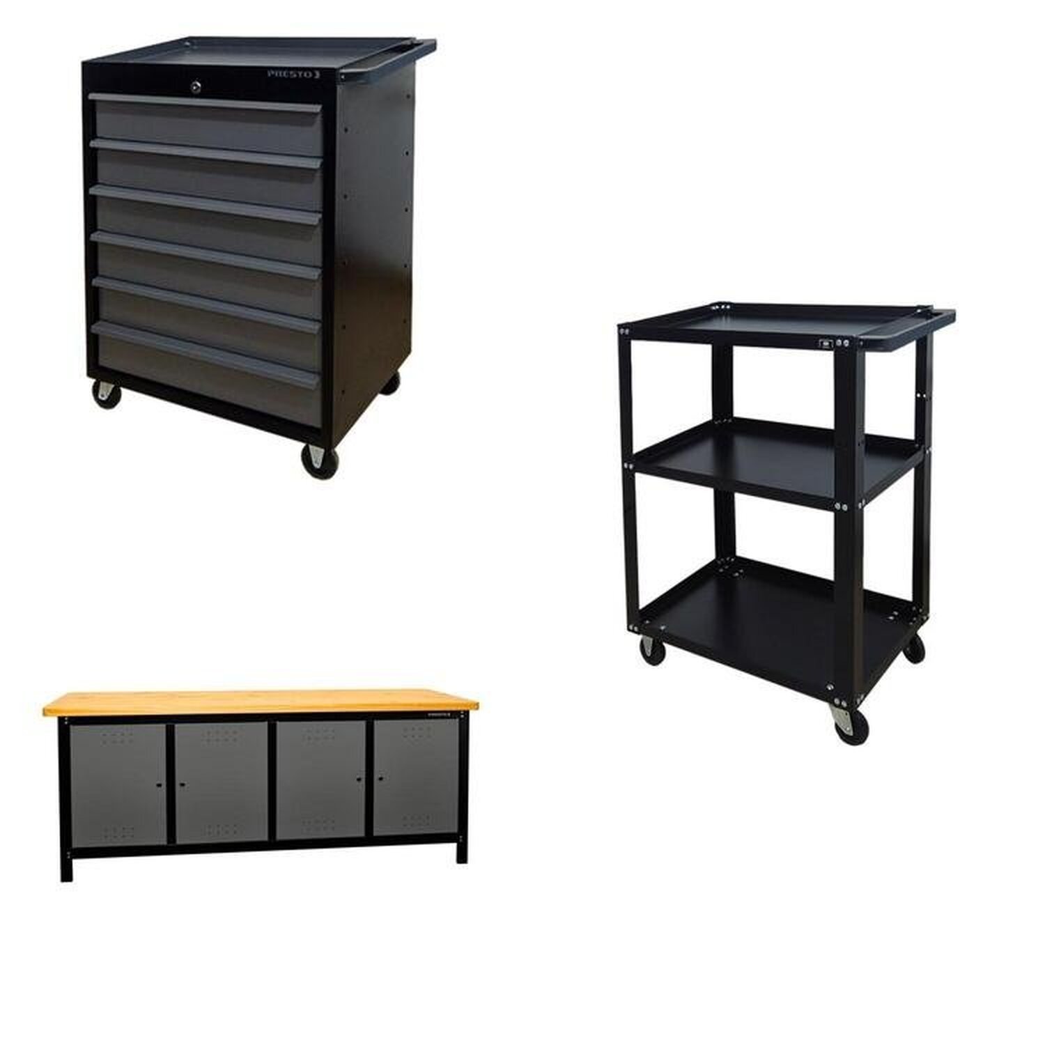 Conjunto 2 Carros Profissional 6 Gavetas 1 Bancada Profissional De 200cm Para Ferramentas Presto Preto