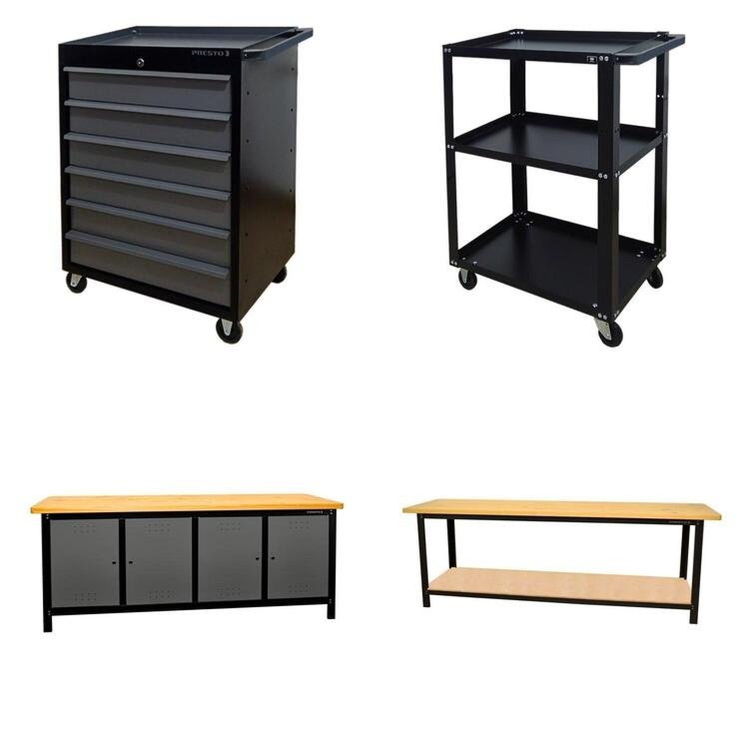 Conjunto 2 Carros Profissional 6 Gavetas 2 Bancadas Profissional 200cm Para Ferramentas Presto Preto