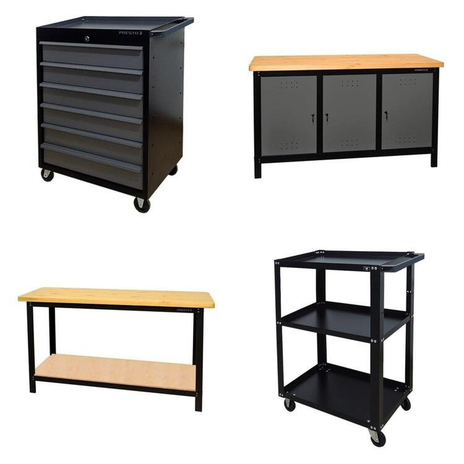 Conjunto 2 Carros Profissional 6 Gavetas 2 Bancadas Profissional 150cm Para Ferramentas Presto Preto