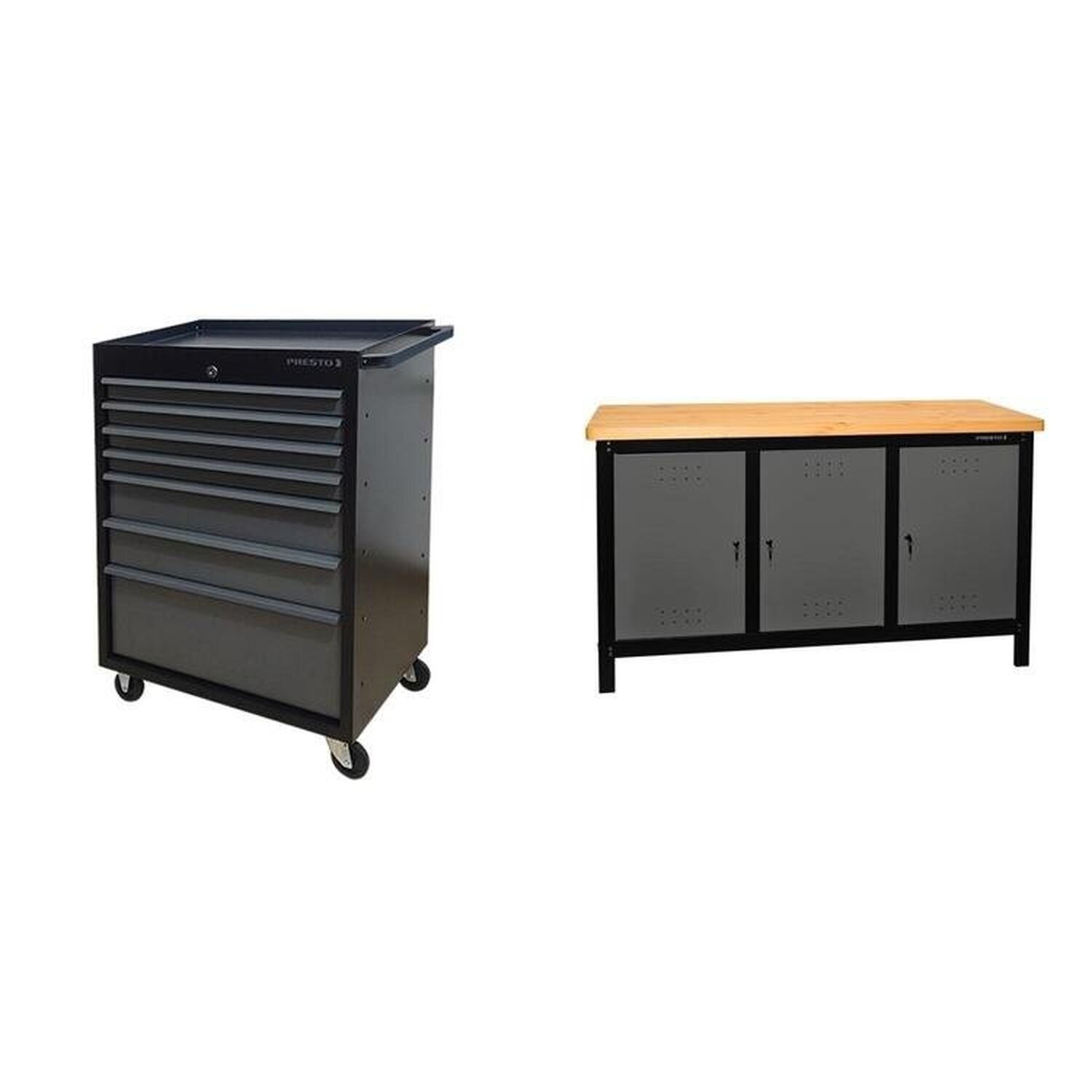 Conjunto 1 Carro Profissional 7 Gavetas 1 Bancada Profissional De 150cm Para Ferramentas Presto Preto
